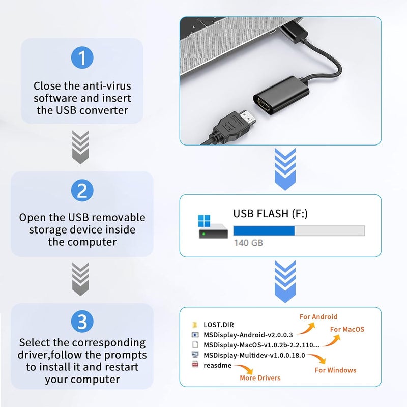 DERSUR USB to HD Adapter, USB 3.0 to HD Monitor Connector Male to Female Multi-Display 1080P Output Cable Converter for Laptop Desktop PC TV, Compatible Windows11/10/8.1/8.7/MacOS Black - Image 3